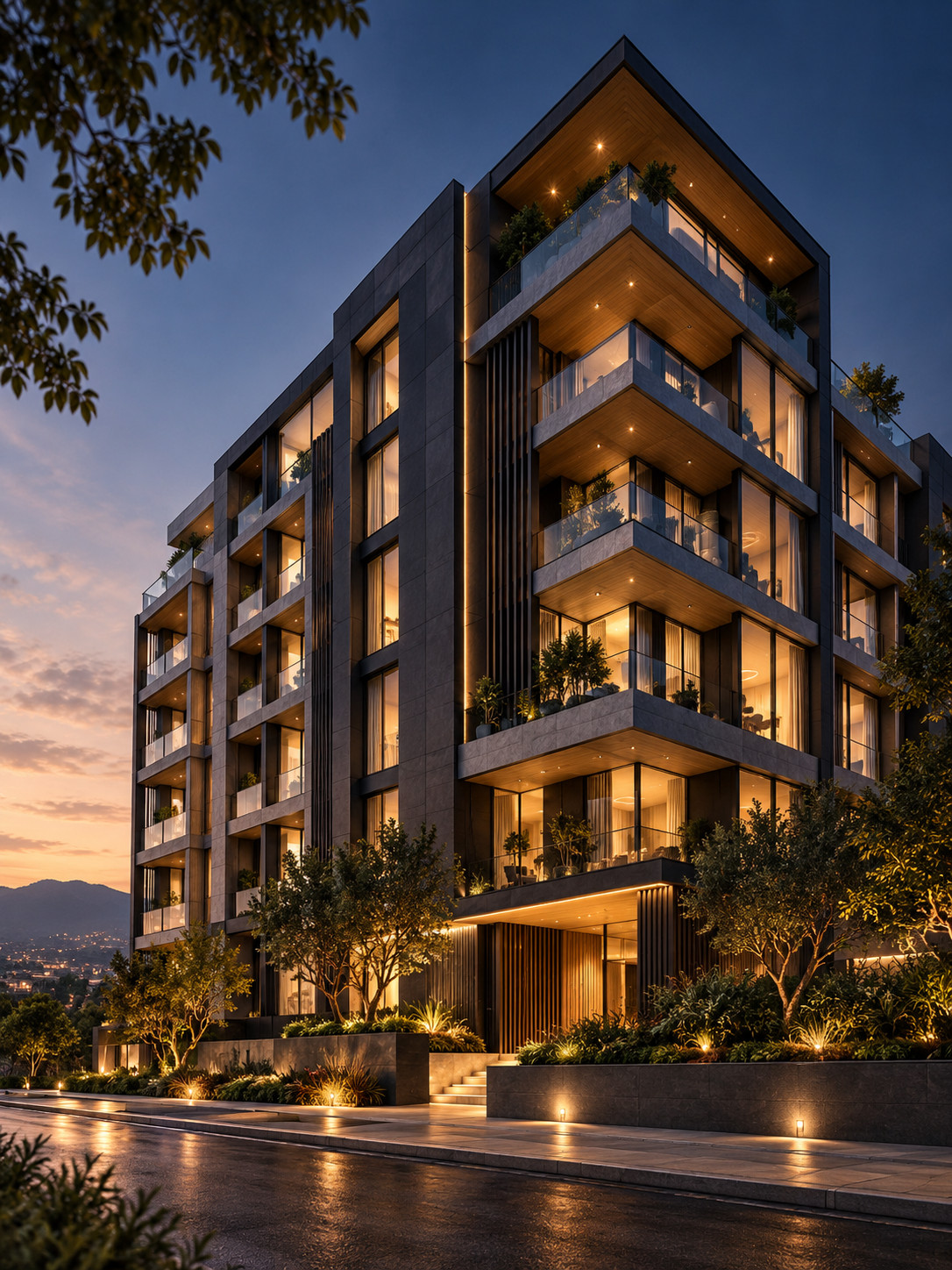 Edificio residencial moderno con balcones iluminados al anochecer