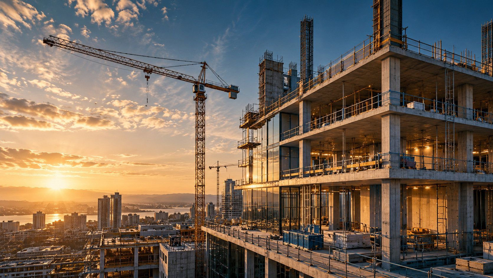 Edificio en construcción con grúa torre al atardecer