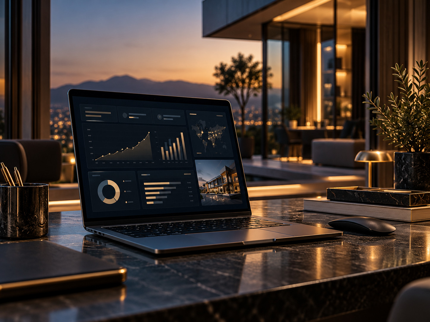 Laptop con panel de métricas en una oficina al atardecer