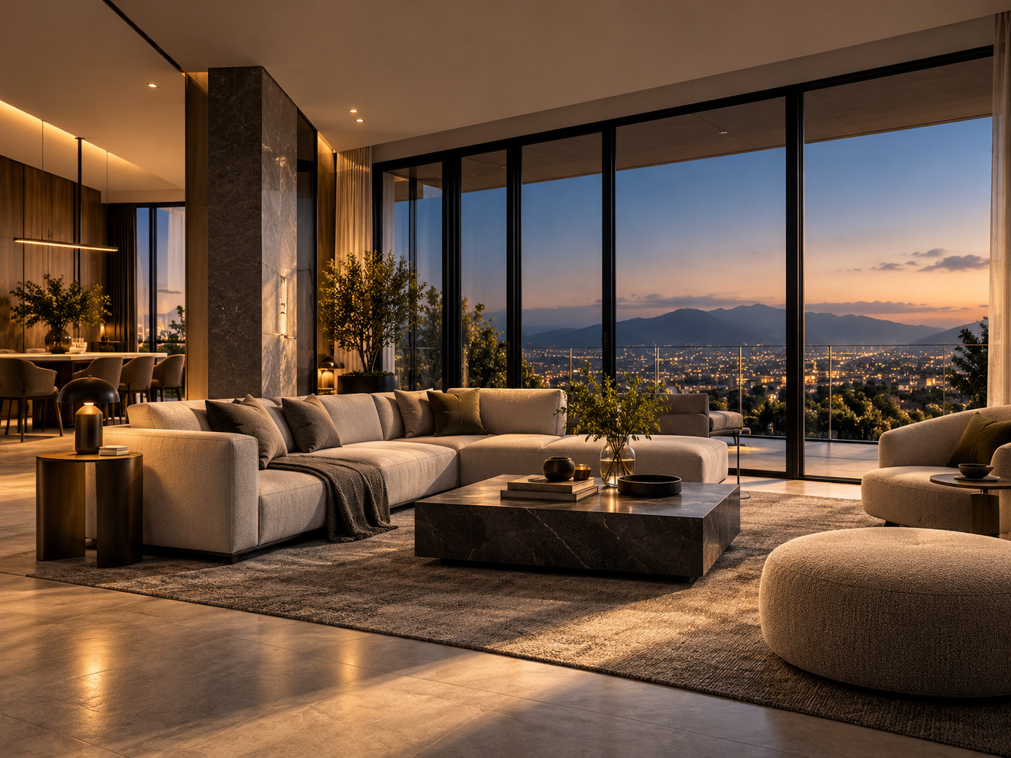 Sala moderna con ventanales y vista panorámica al atardecer