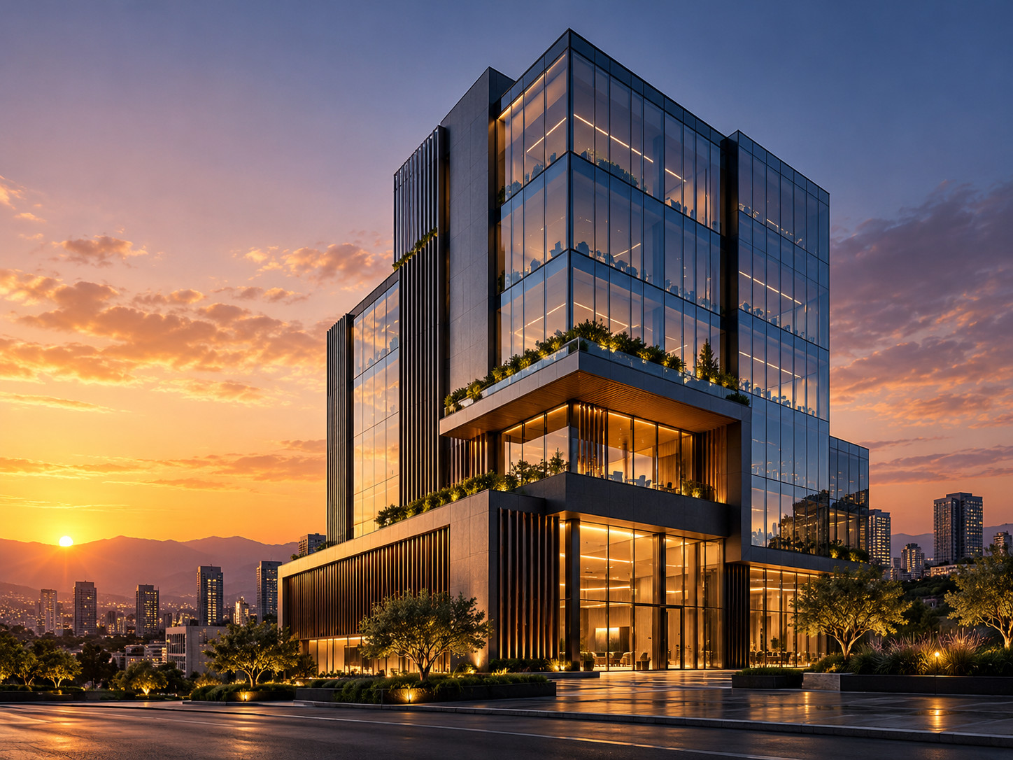 Torre corporativa de cristal al atardecer